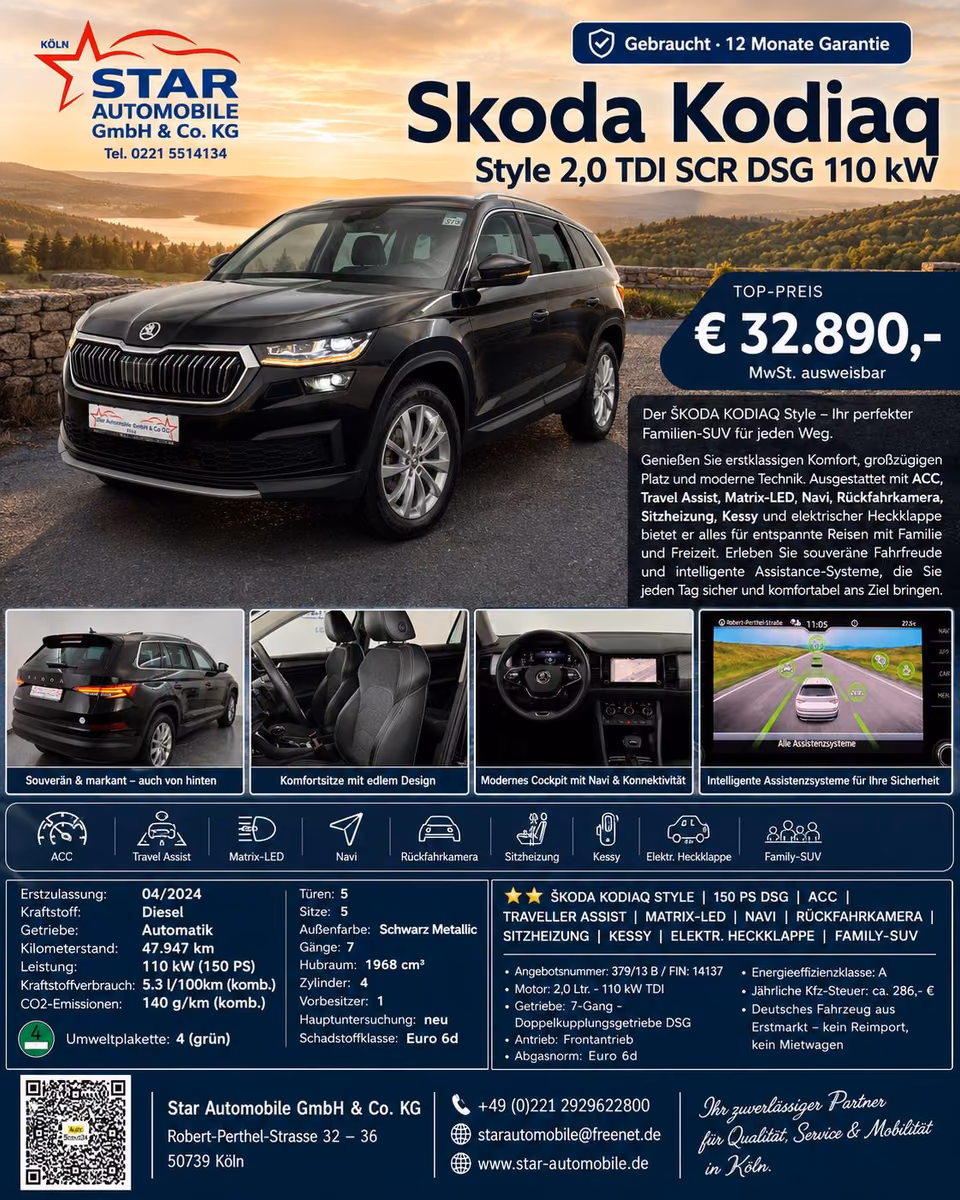 Skoda Kodiaq 2024 г. Чёрный, пробег 47947 км