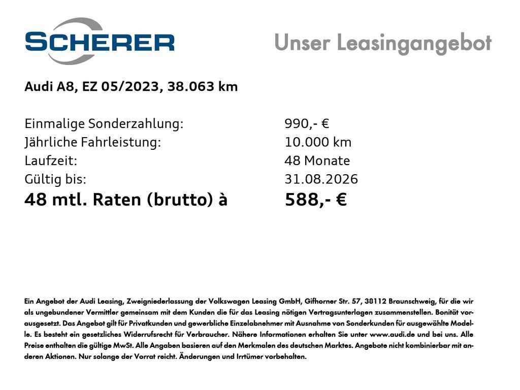 Audi A8 2023 г. Чёрный, пробег 38063 км
