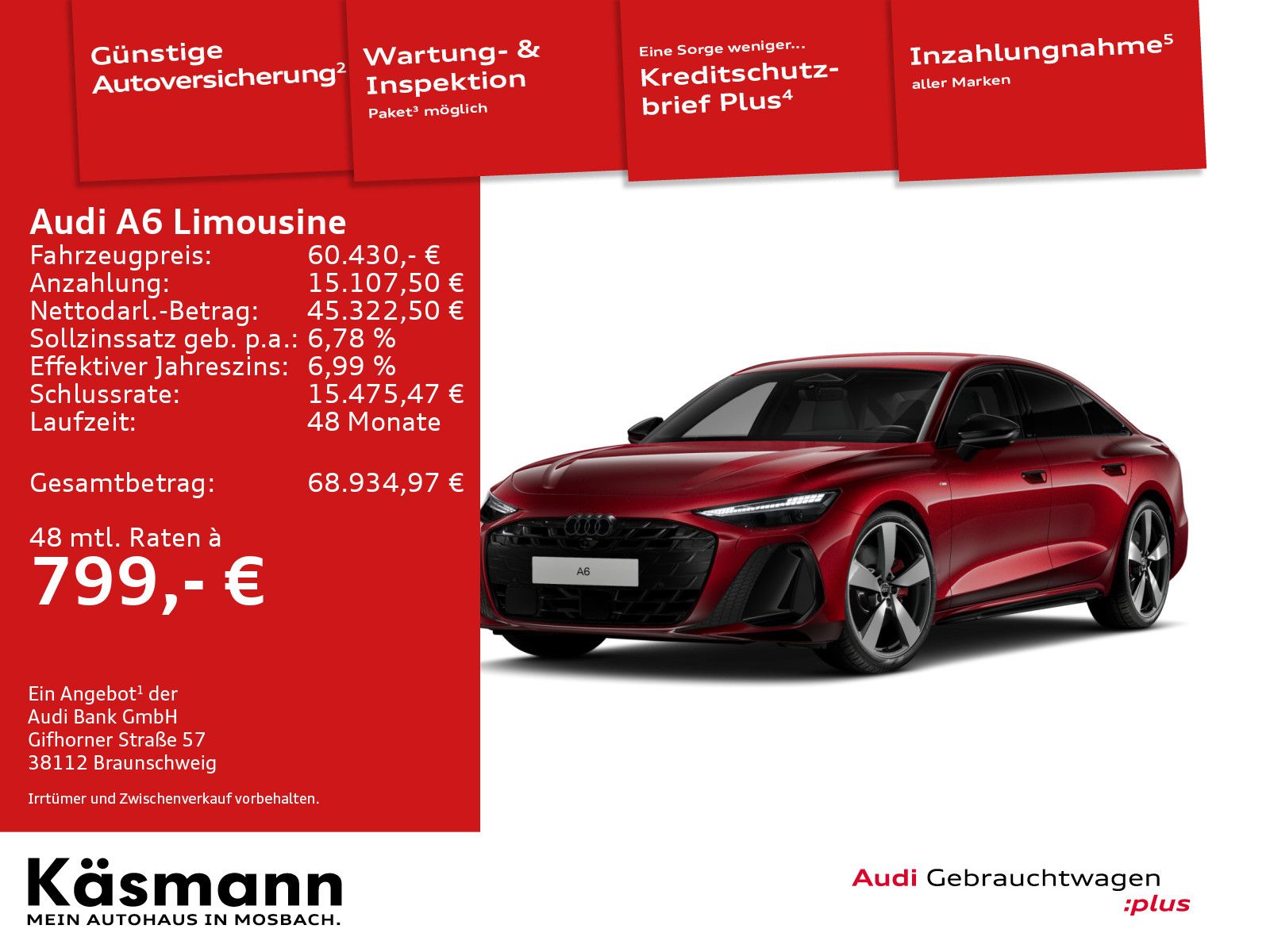 Audi A6 2025 г. Красный, пробег 13698 км