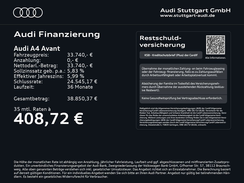 Audi A4 2023 г. Чёрный, пробег 51296 км
