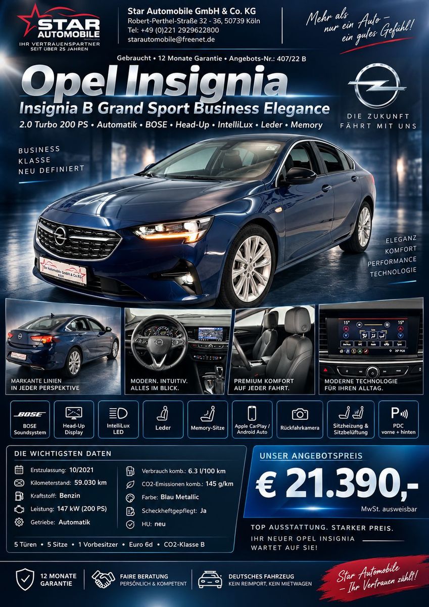Opel Insignia 2021 г. Синий, пробег 59030 км