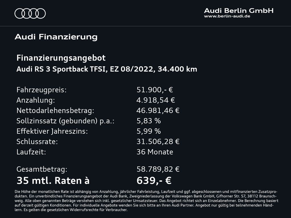 Audi RS3 2022 г. Белый, пробег 34400 км