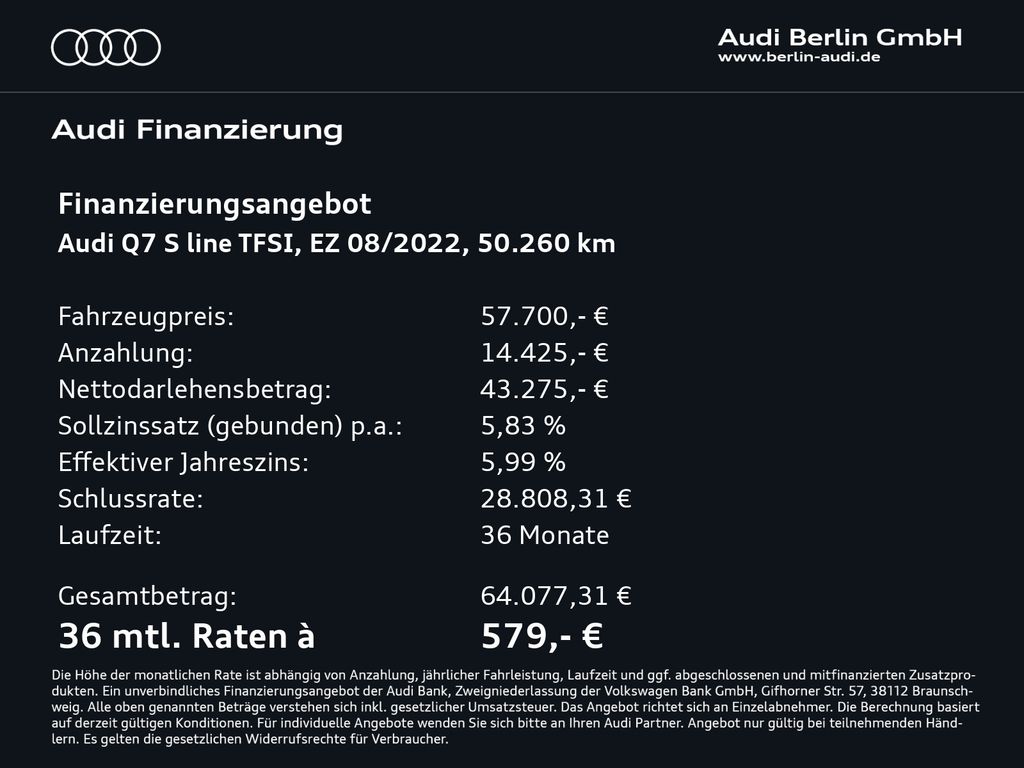 Audi Q7 2022 г. Чёрный, пробег 50260 км