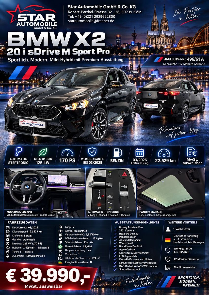 BMW X2 2026 г. Чёрный, пробег 22529 км
