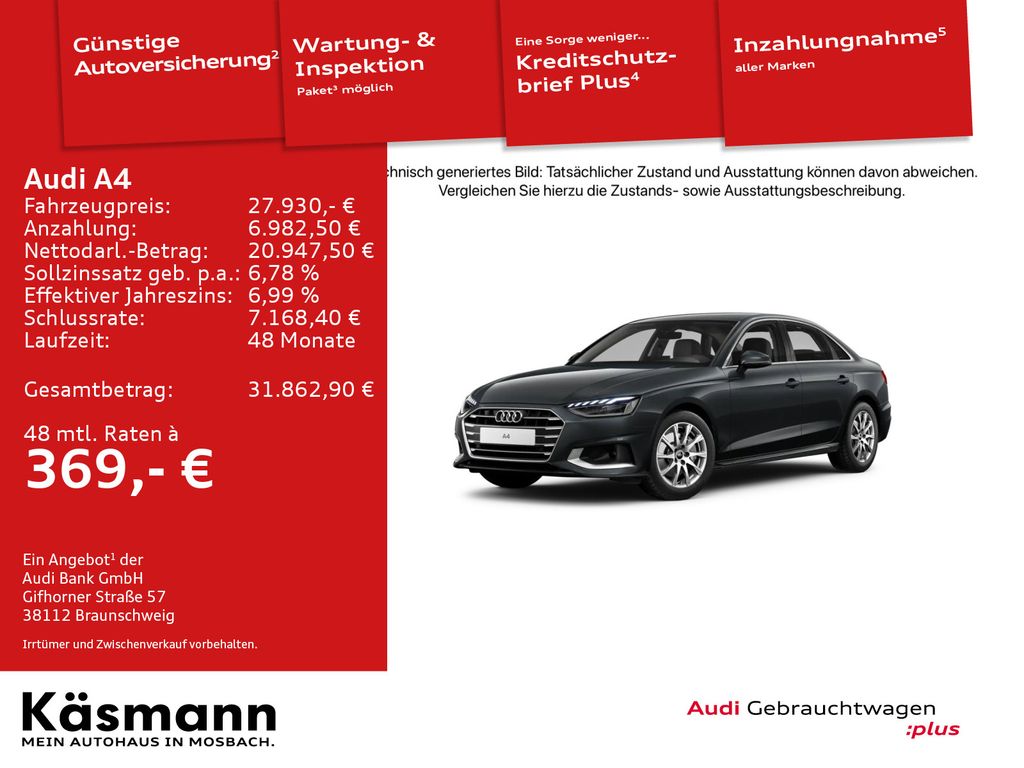 Audi A4 2022 г. Серый, пробег 53611 км