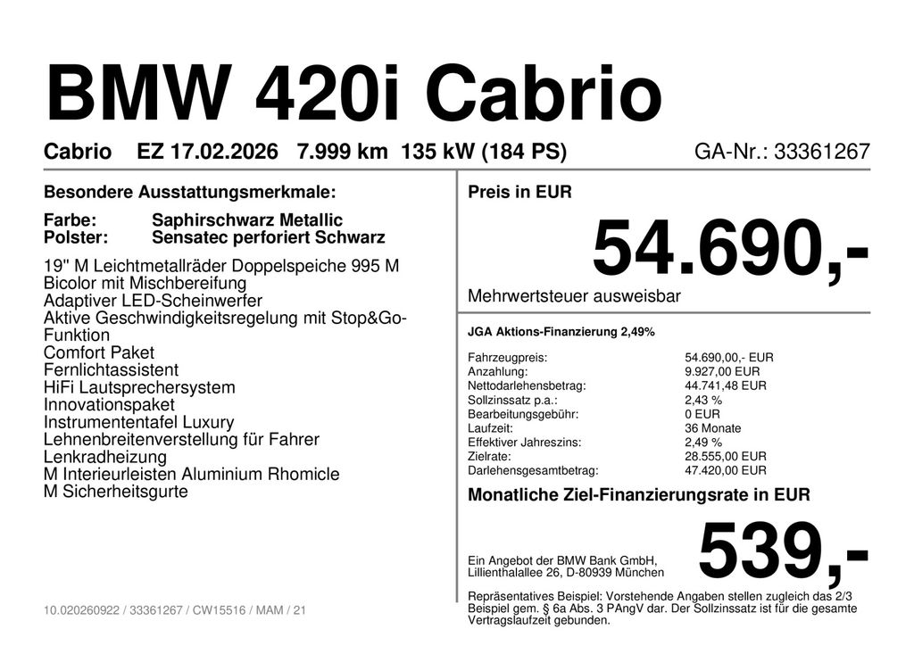 BMW 420 2026 г. Чёрный, пробег 7998 км