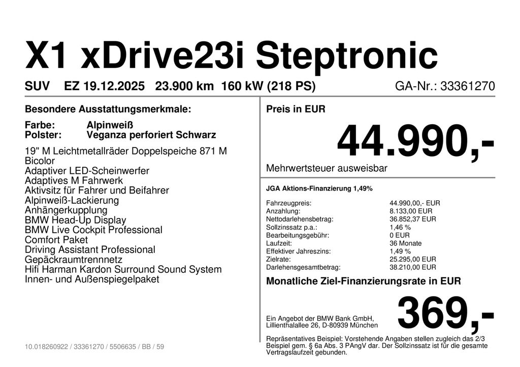 BMW X1 2025 г. Белый, пробег 23899 км